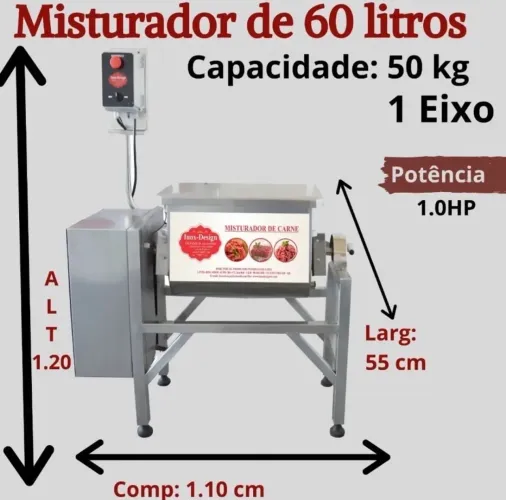 Misturador de Carne Industrial Inox Design 60 Litros 1CV Bifásico