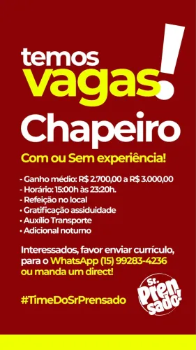 Vaga Chapeiro com ou sem experiência