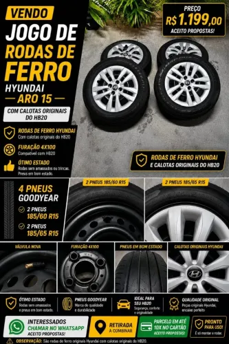 Jogo de Rodas de Ferro Aro 15 Originais Hyundai HB20 + Calotas + 4 Pneus Goodyear
