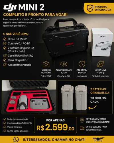 DJI Mini 2 + Case Rígido + 2 Baterias - R$ 2.599
