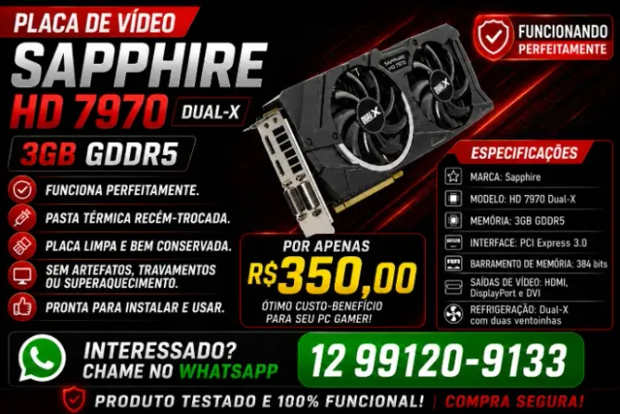 Placa de Vídeo AMD Radeon HD 7970 Dual-X | 3GB GDDR5 | 384 bits #ACEITO CARTÃO#