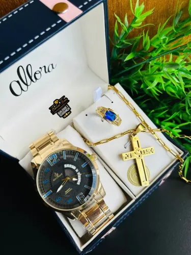Kit Masculino Luxo: Relógio Resistente à Água + Cordão 18k + Anel