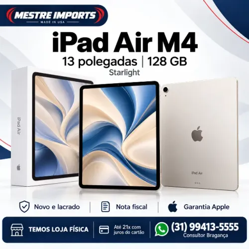 iPad Air M4 com tela de 13 polegadas e 128GB de armazenamento, na cor Starlight.