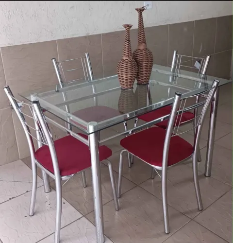 Conjunto mesa sala de jantar de vidro 4 cadeiras