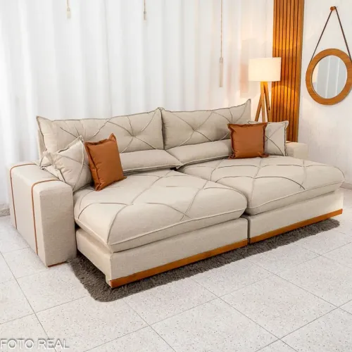 Sofá Retrátil Reclinável Gran Bello 2.90m Linho Bege - Molas Ensacadas Entrega Rápida