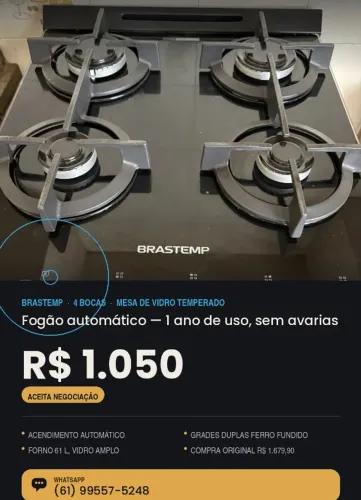 Fogão Brastemp 4 Bocas Mesa de Vidro BFO4VAE ? 1 ano de uso