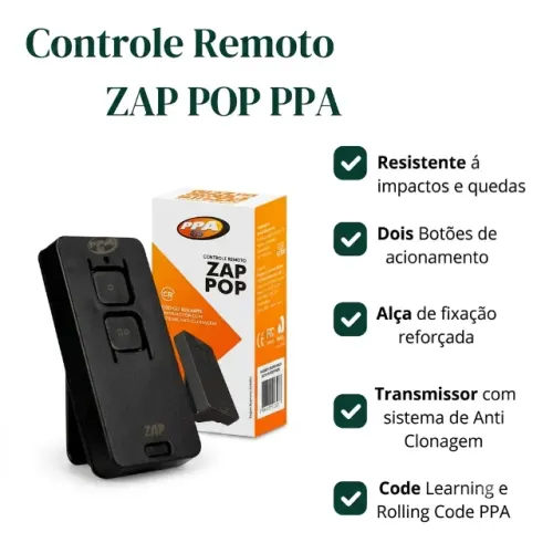 Controle Remoto PPA Zap Pop 433MHz 2 Canais Portão Eletrônico Alarme Compatível pode retir