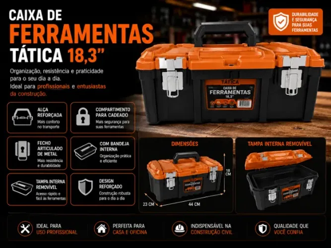 Caixa de Ferramentas Tática 18,3" | Fecho Metálico + Bandeja Removível | Resistente