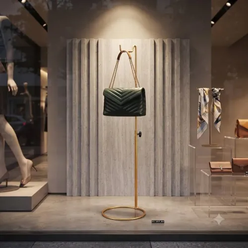 Expositor e suporte para bolsas dourado com regulagem de altura