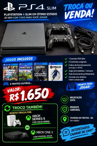 Playstation 4 Slim | 2 controles originais, GTA V e outros jogos inclusos.