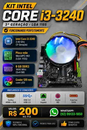 Kit Intel Core i3-3240 3.40 GHz (3ª Geração), 8 GB DDR3 1600 MHz, Placa-mãe H61 (LGA 1155)
