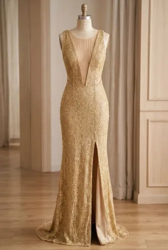 Vestido de Festa Longo Dourado em Renda e Brilho Tam 36/38