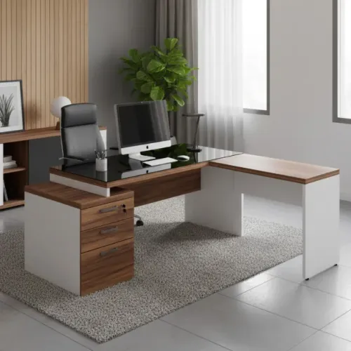Mesa Em L Executiva Com Vidro Fumê E Gaveteiro Nogal Sevilha Branco Premium 34432