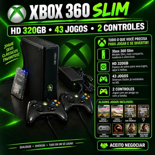 X-BOX 360 SLIM + HD 320GB + 2 MANETE PRETA DE FIO