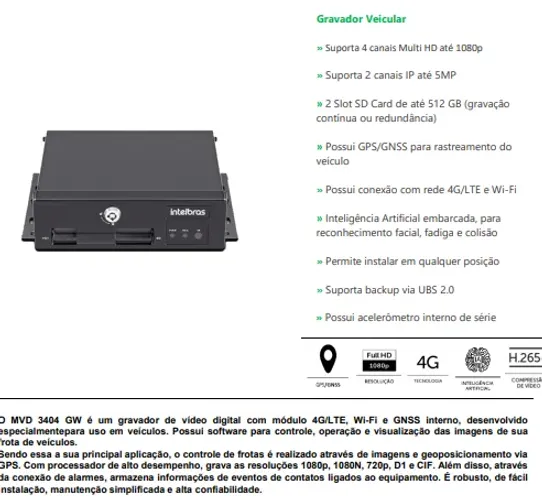 Kit 1 Dvr Veicular - Mvd 3404 Gw E 2 Câmeras Vhdm - INTELBRAS