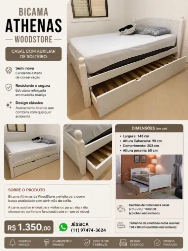 Cama casal com cama auxiliar e colchão de casal. 