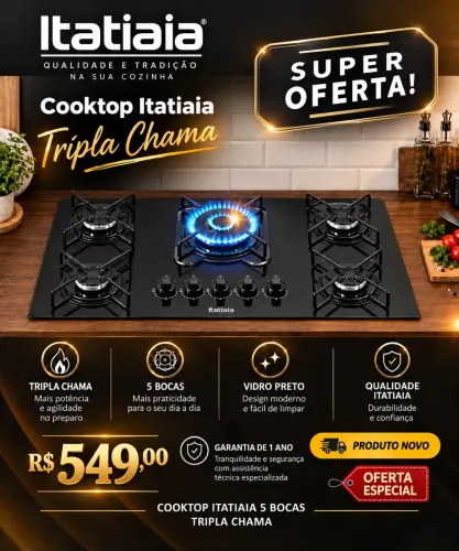 Fogão Cooktop 5 Bocas Tripla Chama Itatiaia 
