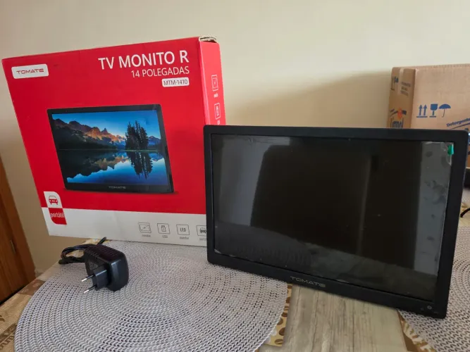 Tv portatil 14 polegada completa com controle e fonte 12 volts