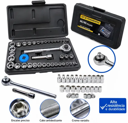Kit de Ferramenta 46 Peças Jogo de Soquete Chave Catraca Reversível Com Maleta