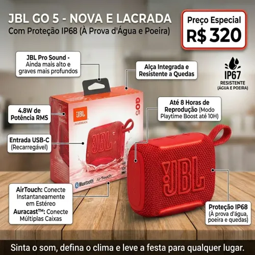 Caixa de Som Bluetooth JBL Go 5 Vermelha (Red) - Nova e Lacrada na Caixa!