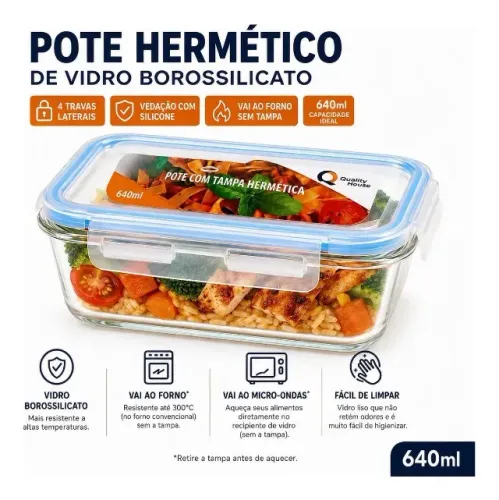 Pote Hermético De Vidro 640ml 4 Travas Silicone