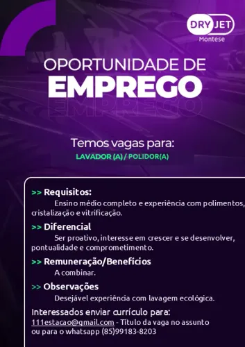 Vaga para lavador com experiência em polimentos e vitrificação