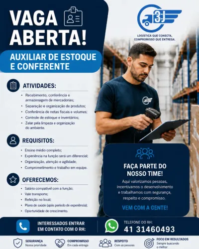 VAGA: AUXILIAR DE ESTOQUE / CONFERENTE - 3J TRANSPORTES