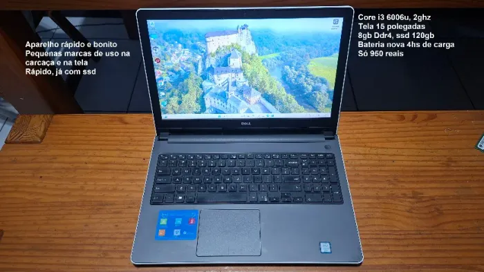 Notebook dell core i3, bonito, tela 15p, 8gb ddr4 e ssd 120gb, aceito cartão