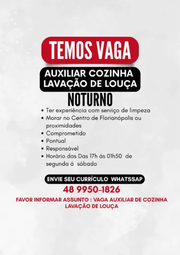 AUXILIAR DE COZINHA NOTURNO - CENTRO FLORIANÓPOLIS