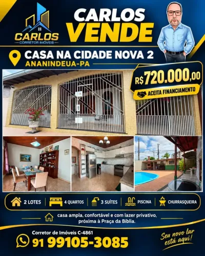 Casa para venda com 400 m² em 2 lotescom 4 suites e piscinaem Cidade Nova - Ananindeua - P