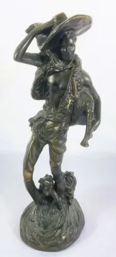 Exuberante e linda Escultura em Metal patinado representando Camponês e seu cachorro *