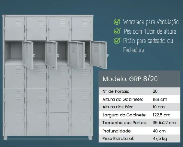 Roupeiro de Aço 20 Portas PEQUENAS - Armário de Aço - GRP8/20 - Promoção Armário de Aço