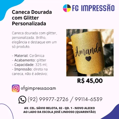 Caneca Dourada com Glitter Personalizada