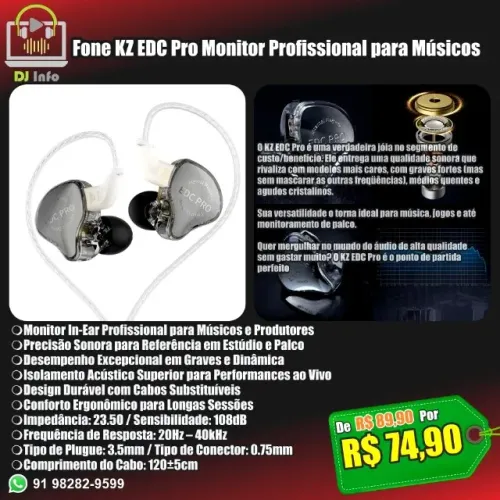 Fone KZ EDC Pro Monitor Profissional para Músicos