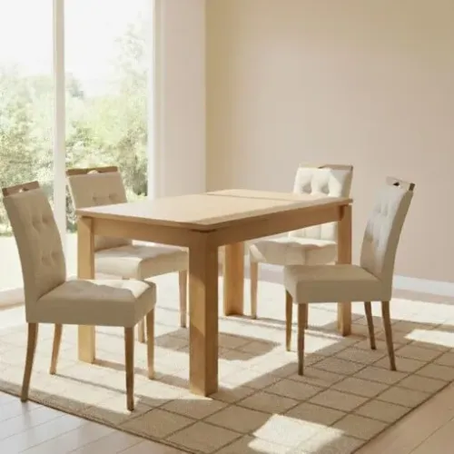 Mesa Athenas 120 Amêndoa Clean com 4 Cadeiras Sophia Linho Bege 200 - LOPAS + WM DECOR