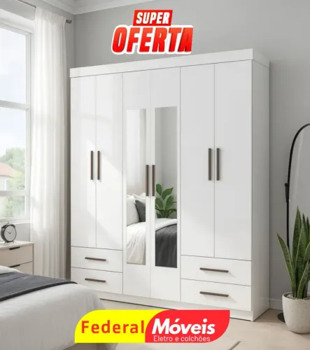 Guarda Roupa 6 Portas e 4 Gavetas com Espelho - Novo e Elegante!