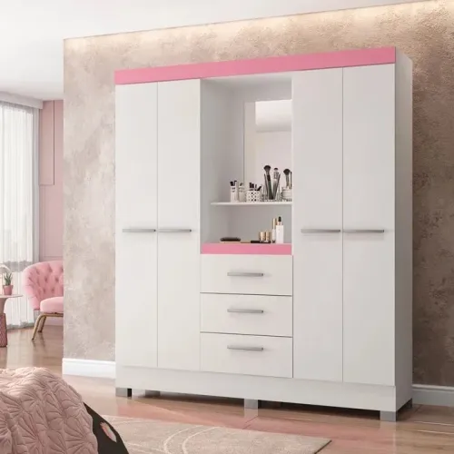 Guarda-Roupa 6 Portas Branco com Detalhes Rosa