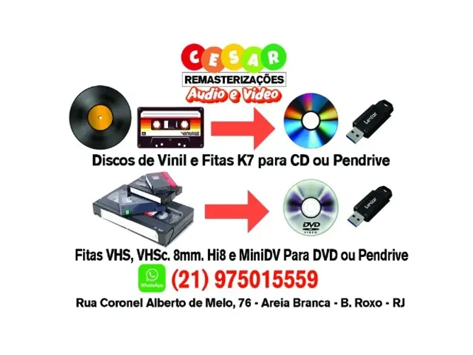 Conversão VHS para DVD ou Pendrive / Vinil e K7 para CD ou pendrive.