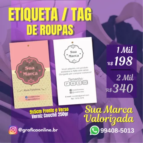 Tag Etiqueta 9x5cm Personalizada Loja de Roupas Entrega Incluso