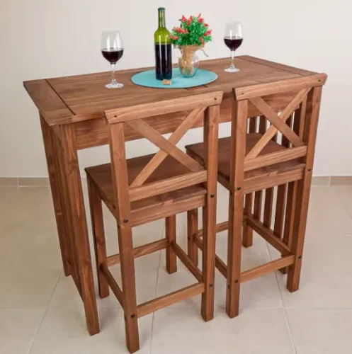 Bancada Gourmet Balcão Cozinha Madeira 120cm + 2 Banquetas Encosto