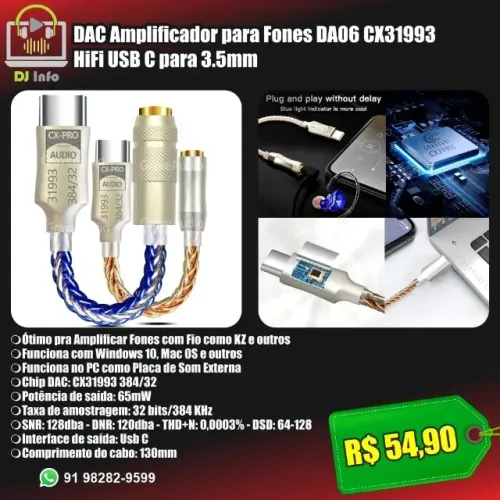 DAC Amplificador para Fones DA06 CX31993 HiFi USB C para 3.5mm
