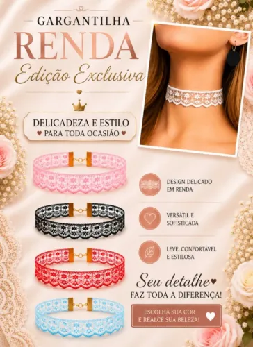 Cordão Renda gargantilha Chocker Dourada - Várias Cores