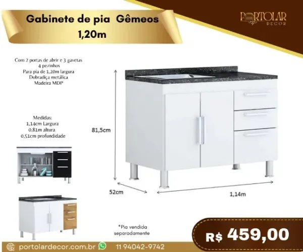 Gabinete de Pia Gêmeos 1,20m a pronta entrega