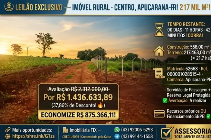 ? LEILÃO RURAL ? APUCARANA! ÁREA AMPLA + ESTRUTURA CONSTRUÍDA!