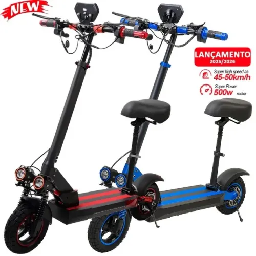 Patinete Elétrico 500W, 45Km. Amortecedores duplos, Setas, Leds, Bluetooth, Novo na caixa.