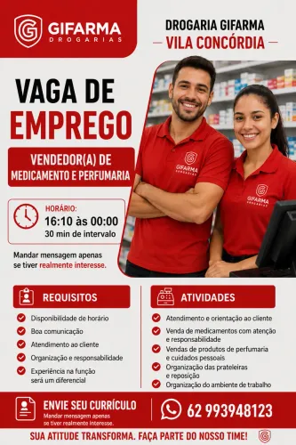 Vaga para vendedor de medicamento e perfumaria