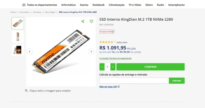 SSD NVMe KingDian de 1TB SEMI NOVO ,SÓ VENDA E PREÇO FINAL