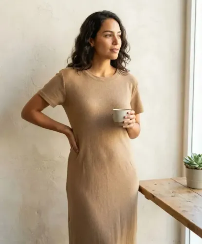 vestido canelado gola redonda bege g