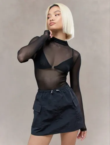 Body manga longa de tela transparente