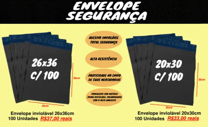 Envelope Saco Inviolável com Aba Adesiva 100 unidades tamanhos 20x30cm 26x36cm